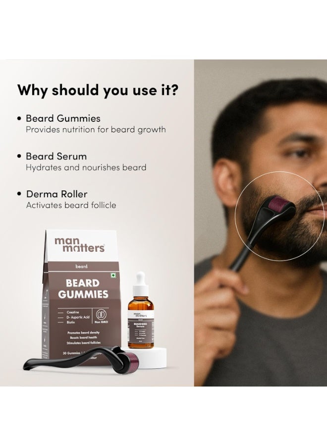 مان ماترز مجموعة مان ماترز المتكاملة لنمو اللحية، تحتوي على سيروم اللحية 30 مل، وحبوب مضغ لنمو اللحية، وبكرة ديرما متطورة | مع 4% أناجين، 1% إكليل الجبل، وبيوتين | لنمو اللحية وتغذيتها | خالية من كبريتات لوريل الصوديوم ونباتية 100%. - Image 2